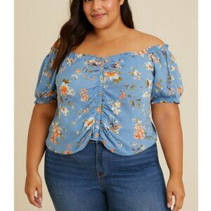 Women's Size 3X Off Shoulder Peasant Top Blue Floral Cottagecore Milkmaid Ruched